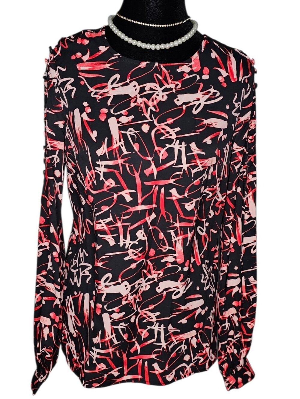 Eva Longoria Abstract Print Long Sleeve Blouse Size XS Black Red Pink